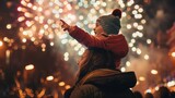 Visible joy and wonder on a child's face, pointing at fireworks from atop their parent's shoulders