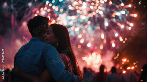 Love under the fireworks: A couple's embrace with the night's colors mirrored in their gaze