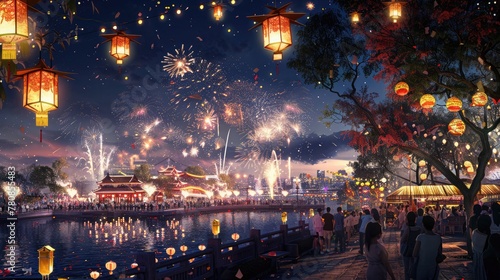 City park lit by fireworks and lanterns, with crowds and food stalls, in panoramic festival view