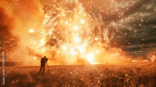 Photographer captures firework explosion in vast field, camera in focus
