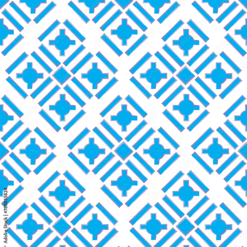 Ancient geometric pattern in blue with watercolor borders. Repeating pattern, composite tile of several objects. Ancient, pattern, shape, blue and white