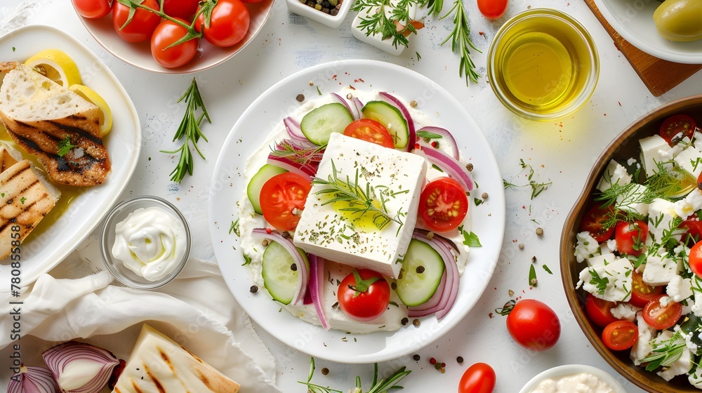 Greek gastronomy, traditional dishes feta, yogurt, tzatziki, moussaka, Greek salad and fish Greek gastronomy, traditional dishes feta, yogurt, tzatziki, moussaka, Greek salad and fish