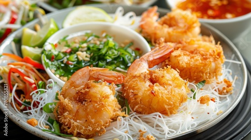 Vietnamese dish Cho tom, deep fried shrimp with rice noodles and sauce. © lastfurianec