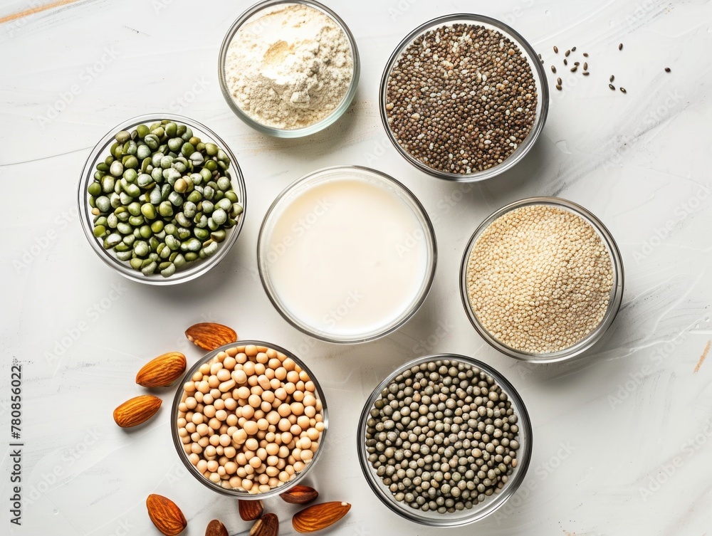 A variety of nuts and seeds are displayed in bowls on a white table. The bowls are arranged in a circle, with some containing nuts and others containing seeds. Concept of abundance and variety A variety of nuts and seeds are displayed in bowls on a white table. The bowls are arranged in a circle, with some containing nuts and others containing seeds. Concept of abundance and variety