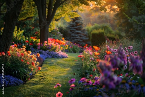 Garden full of flowers surrounded by trees at sunset photo