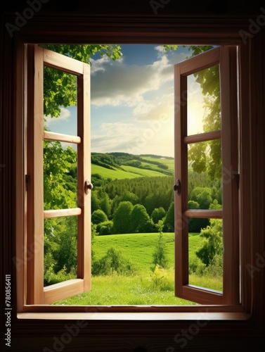 A window with a view of a green field and trees