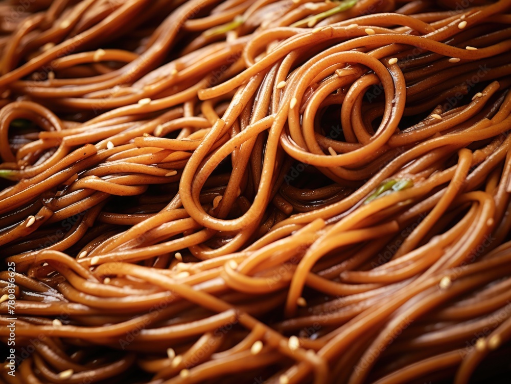 A close up of a plate of spaghetti with sesame seeds. The noodles are long and twisted, and the sauce is brown. Concept of comfort and warmth, as spaghetti is a popular and comforting dish A close up of a plate of spaghetti with sesame seeds. The noodles are long and twisted, and the sauce is brown. Concept of comfort and warmth, as spaghetti is a popular and comforting dish