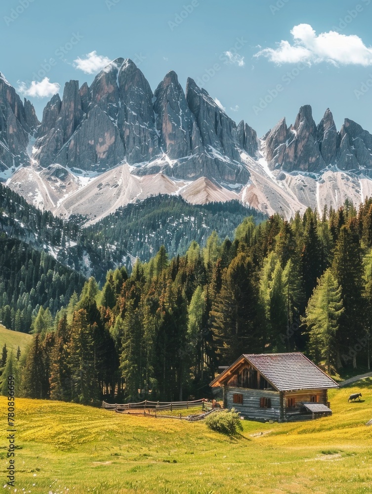 A small cabin is nestled in a lush green valley, surrounded by tall mountains. The scene is serene and peaceful, with the cabin providing a cozy retreat from the hustle and bustle of everyday life