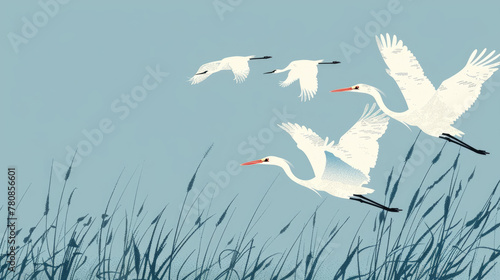 watercolor illustration, vintage style, World Migratory Bird Day, flock of migratory white cranes on a blue background, thickets of reeds, copy space place for text photo