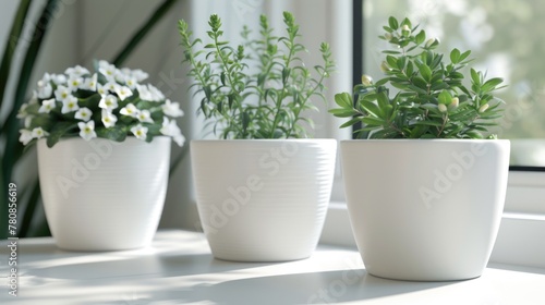 Three potted plants sitting on a window sill, perfect for interior design projects