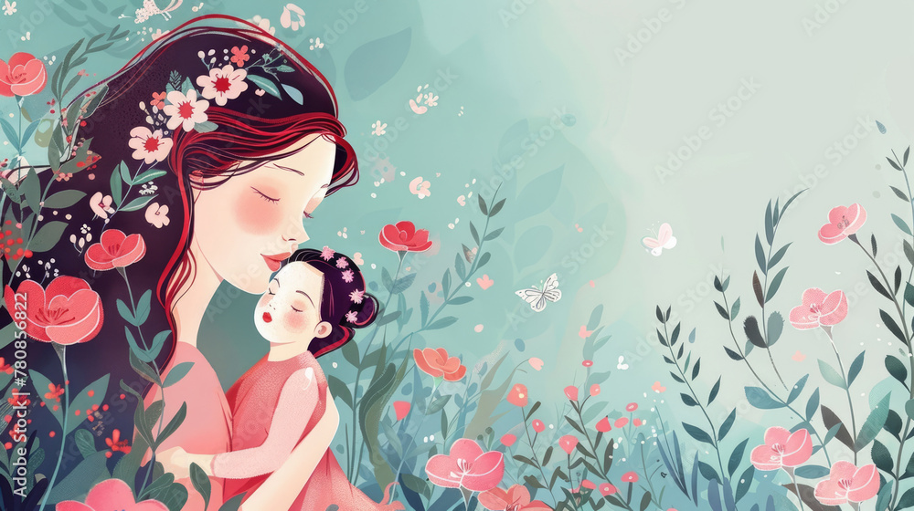 watercolor illustration, vintage style, Mother's Day, elegant silhouette of mother and daughter among flowers on a blue background, copy space place for text
