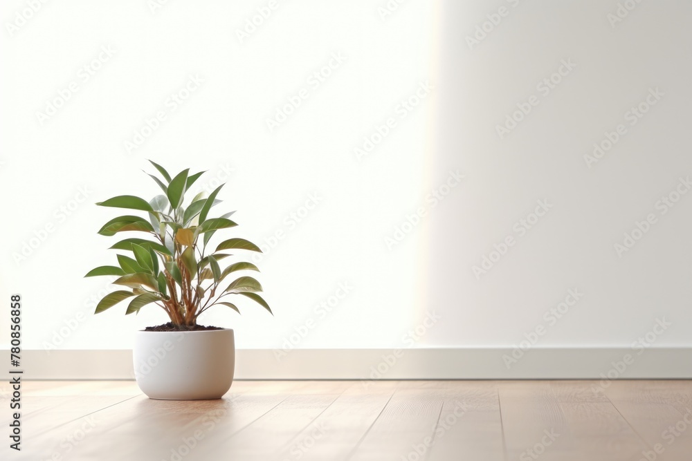 A potted plant sits on a wooden floor in front of a white wall. The plant is small and green, and it is placed in a white ceramic pot. The room is empty, with no furniture or decorations A potted plant sits on a wooden floor in front of a white wall. The plant is small and green, and it is placed in a white ceramic pot. The room is empty, with no furniture or decorations