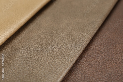 Different natural types of leather as background, closeup view