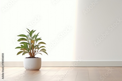 A potted plant sits on a wooden floor in front of a white wall. The plant is small and green, and it is placed in a white ceramic pot. The room is empty, with no furniture or decorations