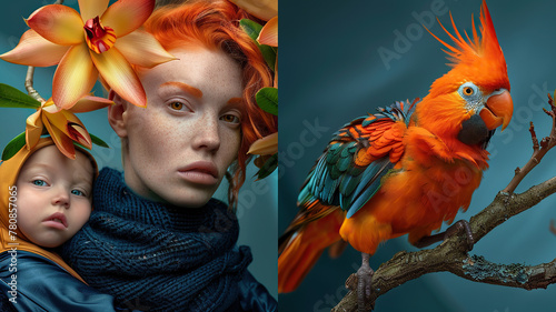 Creative portrait of a young woman with child and parrot