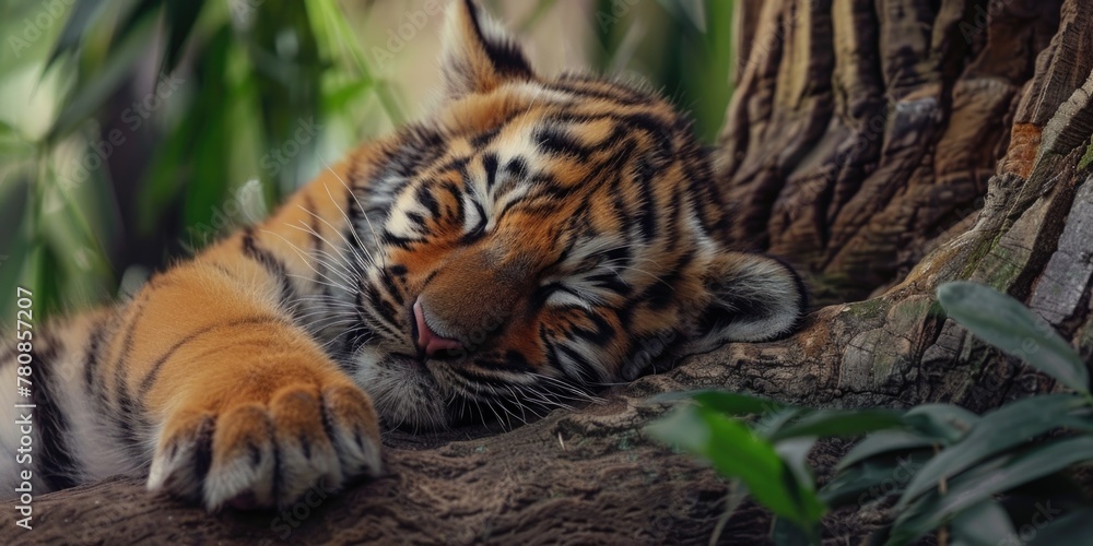 Obraz premium A baby tiger is sleeping on a tree branch. Concept of innocence and tranquility, as the young animal rests peacefully in its natural habitat