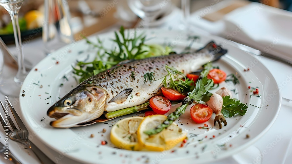 Grilled trout on plate. Top View Grilled trout on plate. Top View