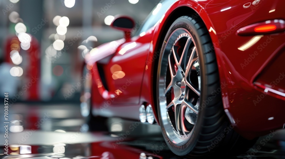 A red sports car parked in a showroom. Ideal for automotive industry promotions