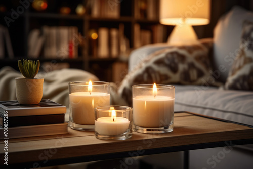 A table with three candles in glass containers, one of which is lit. The candles are placed on a wooden table next to a bookcase. Scene is cozy and relaxing, as the candles provide a warm