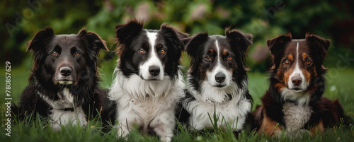 Three dogs sitting in the grass, suitable for pet-related content © Fotograf