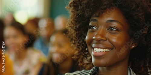 A woman with curly hair is smiling at the camera. She is surrounded by a group of people, some of whom are also smiling. Scene is happy and friendly