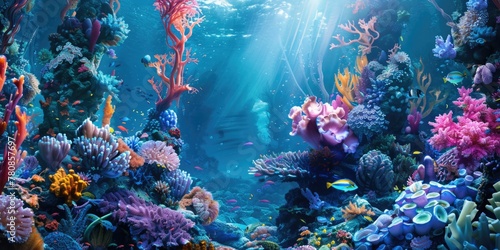 Colorful underwater scene with vibrant corals and swimming fish. Ideal for marine life concepts