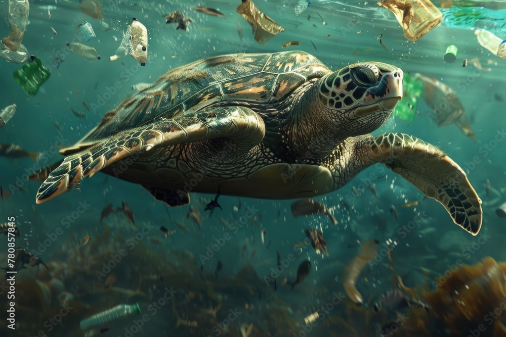 Fototapeta premium A turtle swimming in an ocean filled with garbage. Suitable for environmental issues awareness campaigns
