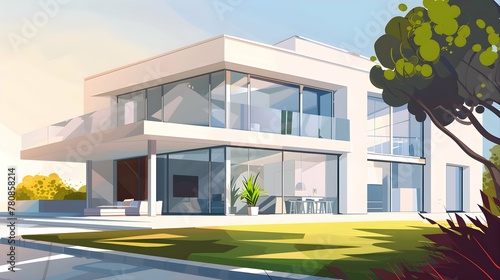 Illustration of a modern white villa with large windows