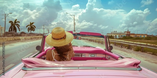 Woman driving pink convertible car on the road, perfect for travel and lifestyle concepts photo