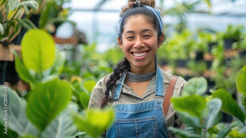 A smiling woman in overalls in a greenhouse. Perfect for gardening or agriculture concepts