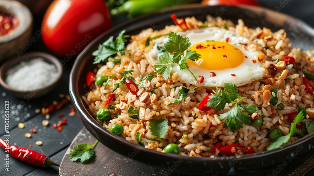 Vietnamese dish - fried rice with egg, spices, some herbs. Vietnamese dish - fried rice with egg, spices, some herbs.