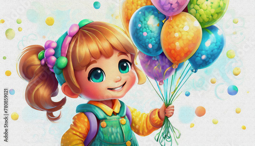 OIL PAINTING STYLE CARTOON CHARACTER CUTE BABY woman holds out a box of colorful balloons isolated on white background