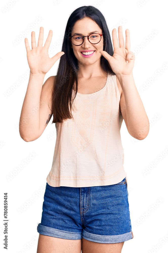 Young beautiful caucasian woman wearing casual clothes and glasses showing and pointing up with fingers number nine while smiling confident and happy. Young beautiful caucasian woman wearing casual clothes and glasses showing and pointing up with fingers number nine while smiling confident and happy.
