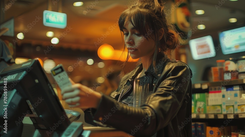 Woman standing in front of a cash register. Suitable for business and retail concepts Woman standing in front of a cash register. Suitable for business and retail concepts