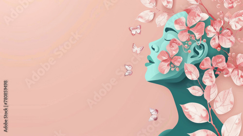 watercolor illustration, vintage style, World Thyroidday, flower girl silhouette, side view, pink background, copy space, free place for text photo
