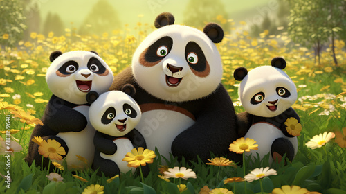 diverse family of cute fluffy pandas of different ages in the forest in flower meadow clearing amicably and peacefully