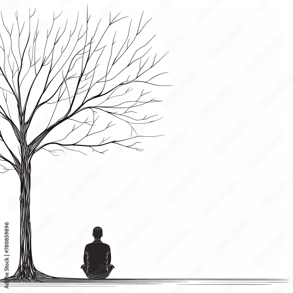 Fototapeta premium A sad and lonely man sits pensively under a tree. Man thinks about a problem. Time for reflection. Despair, depression or hopelessness concept. Black and white image. Illustration for varied design.
