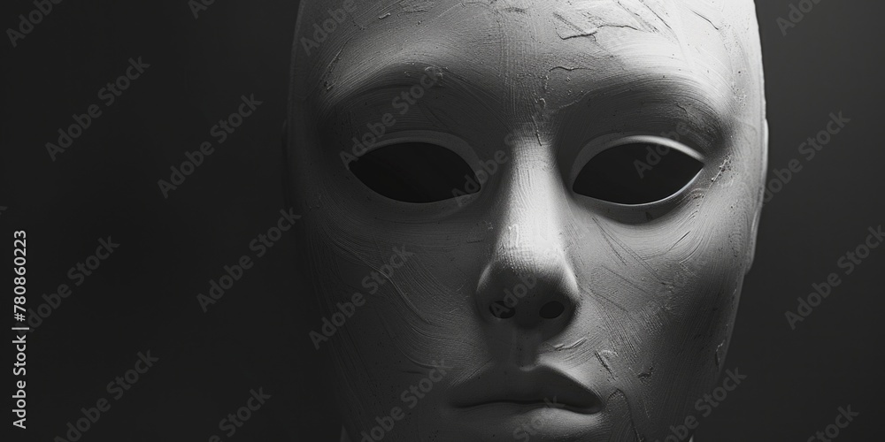 Black and white photo of a white mask, suitable for various design projects Black and white photo of a white mask, suitable for various design projects