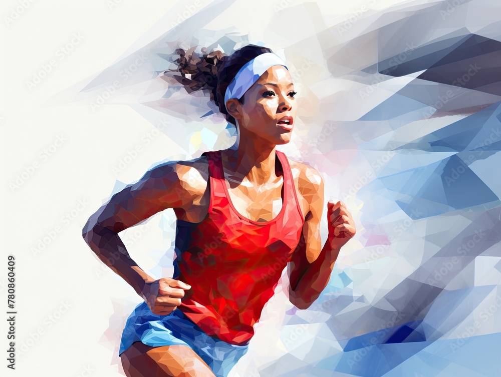 Naklejka premium Running female athlete in sportswear. Energetic young woman. Marathon runner. Sport. Acrylic painting background made with paint strokes. Illustration for cover, card, interior design, brochure, etc.