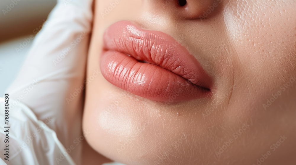 Beautiful female mouth close-up. Plump full lips. Cosmetology beauty injection procedure. Lip protection balm. Hygienic lipstick Beautiful female mouth close-up. Plump full lips. Cosmetology beauty injection procedure. Lip protection balm. Hygienic lipstick