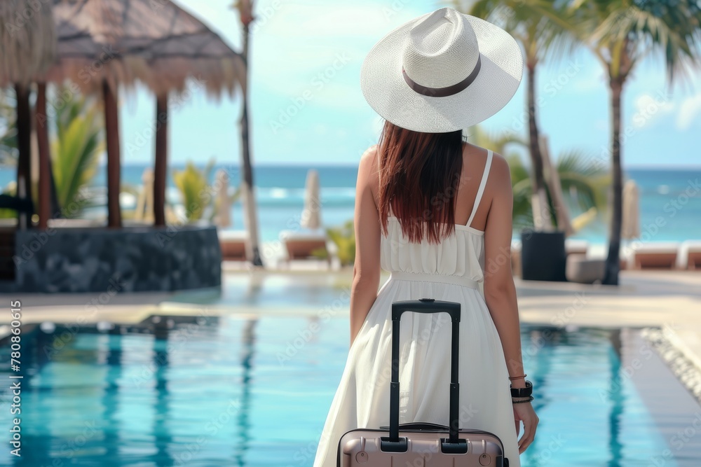 Back view of a woman with a suitcase entering a luxurious tropical resort by the poolside. Woman Traveling to Tropical Resort