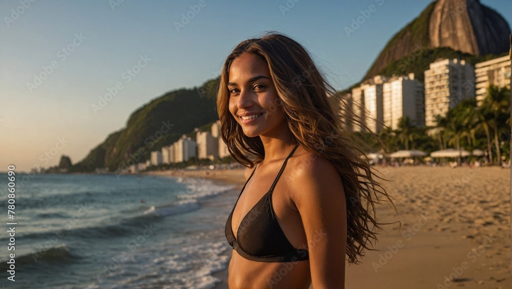 Jovem mulher brasileira em uma praia no Rio de Janeiro, Brasil Jovem mulher brasileira em uma praia no Rio de Janeiro, Brasil