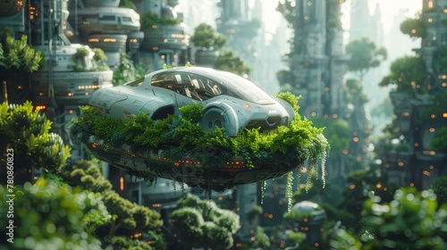 A futuristic city pod, lush with greenery, floats above the clouds in an eco-friendly, utopian vision
