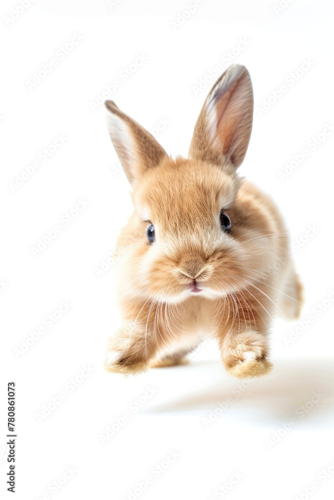 Obraz premium A small rabbit running on a white surface. Suitable for various projects