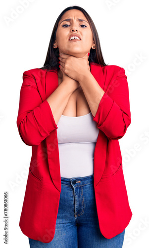 Young beautiful brunette woman wearing elegant clothes shouting and suffocate because painful strangle. health problem. asphyxiate and suicide concept.