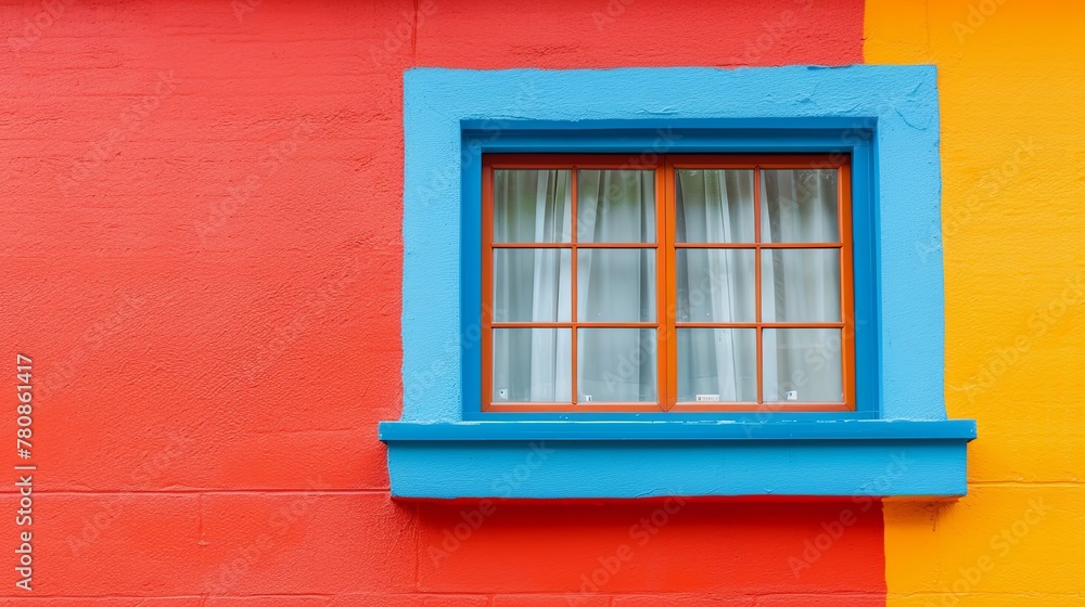 Fototapeta premium On the freshly painted wall of a house there is a single closed window. Illustration for cover, card, postcard, interior design, banner, poster, brochure or presentation.