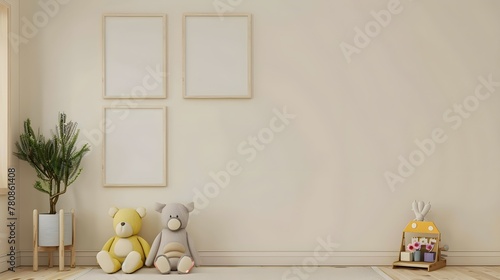 Mock up posters in child room interior, posters on empty cream color wall background