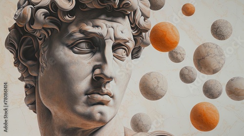 Artistic composition with floating balls and sculpted male head in antique (Greek, Roman) style. Beauty in stone. Illustration for cover, postcard, greeting card, interior design, etc.