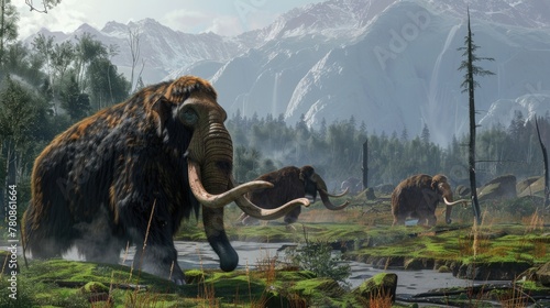 A majestic herd of mammoths walking through a lush green field. Ideal for prehistoric and nature-themed projects