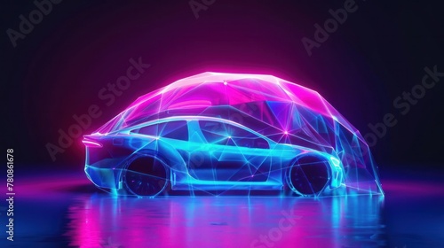A conceptual artwork showing a car under a protective dome force field in a polygonal